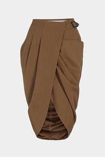Jupe midi asymétrique drapée en sergé marron paradis