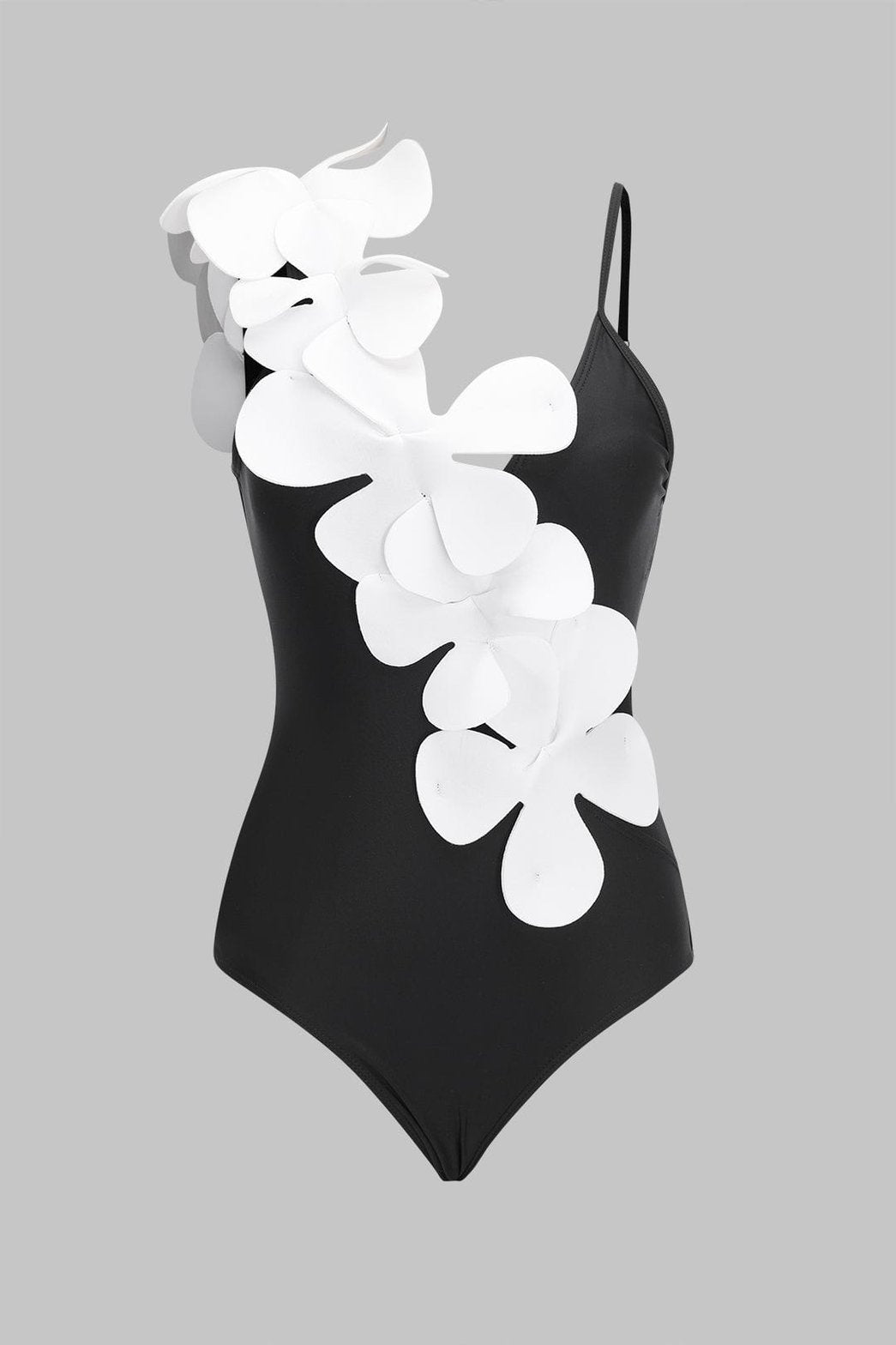 Maillot de bain noir avec fleurs blanches en relief soleil