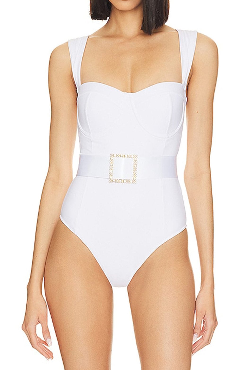 Maillot de bain blanc bustier métallisé vue de face soleil