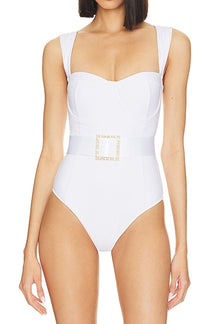 Maillot de bain blanc bustier métallisé vue de face soleil