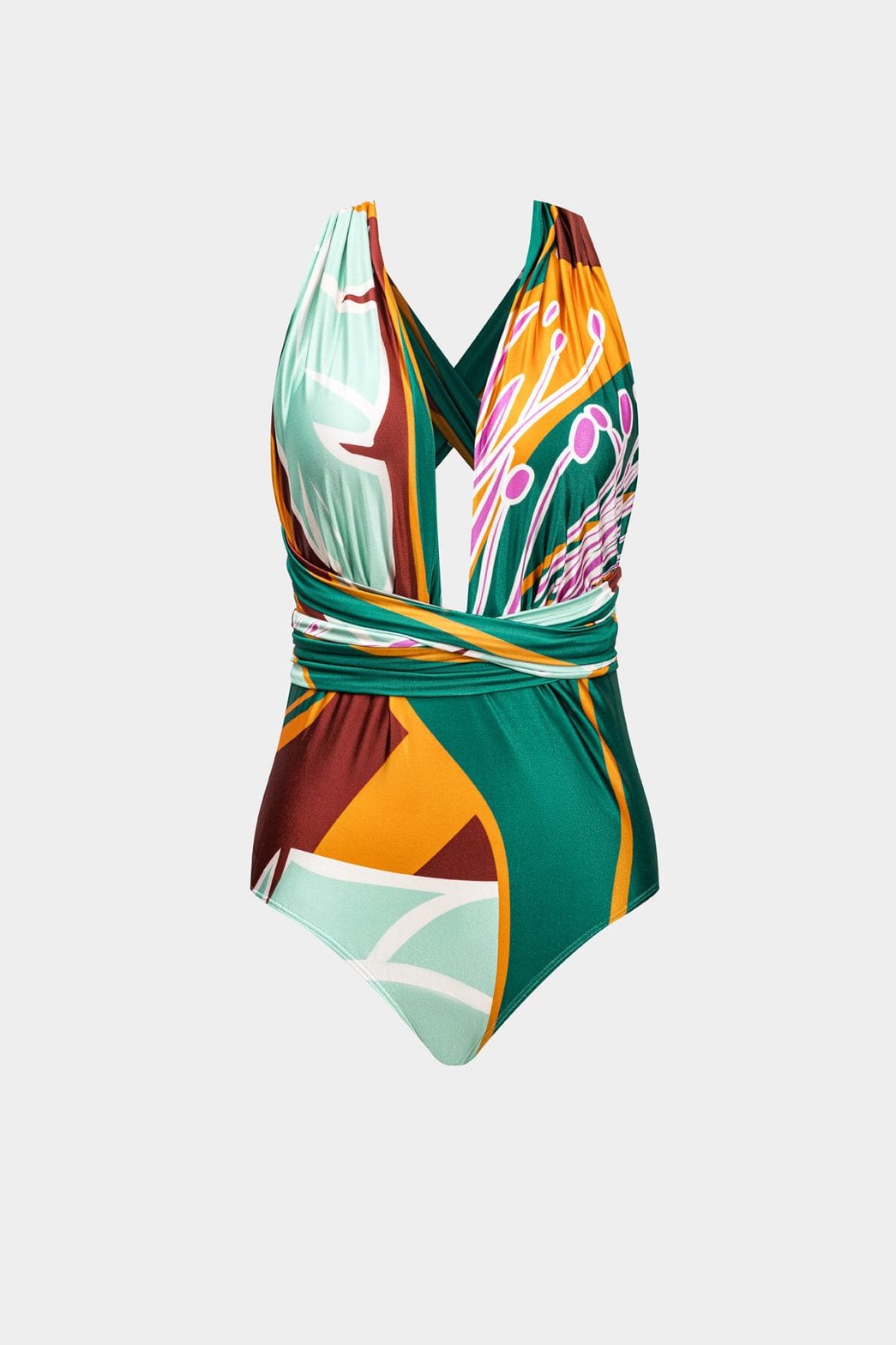 Maillot de bain imprimé abstrait vert et orange soleil