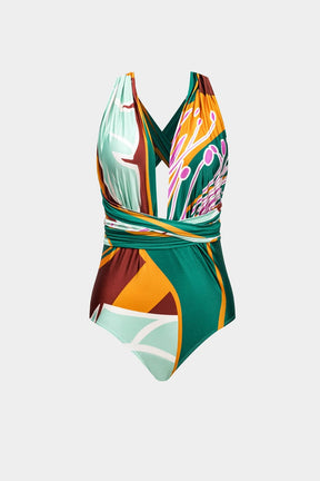 Maillot de bain imprimé abstrait vert et orange soleil
