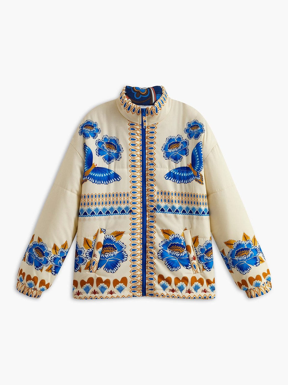Manteau bohème fleuri beige et bleu soleil
