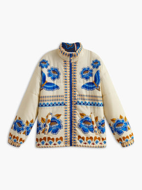 Manteau bohème fleuri beige et bleu soleil