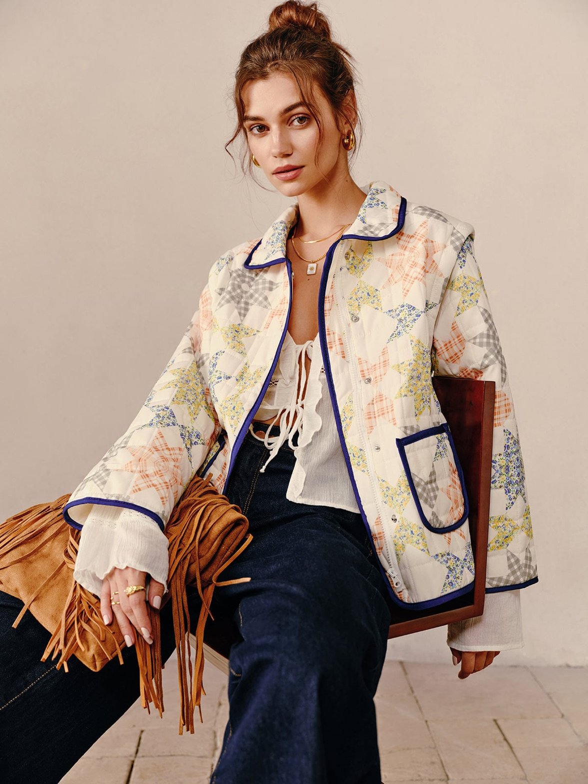 Manteau bohème patchwork détail motif étoile