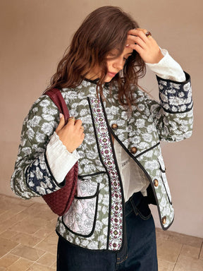 Manteau bohème fleuri vert olive soleil