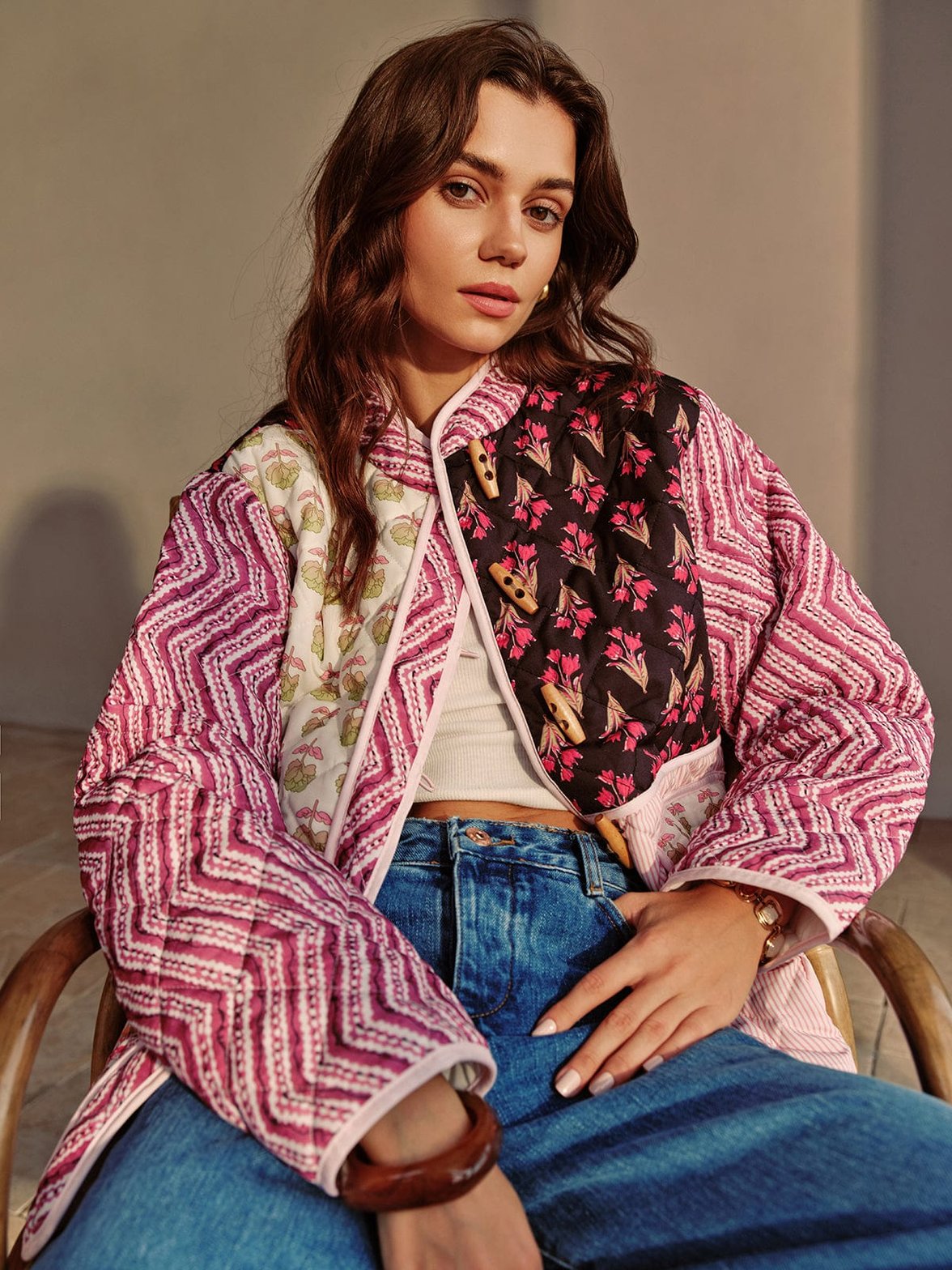 Manteau patchwork floral détail poche harmonie