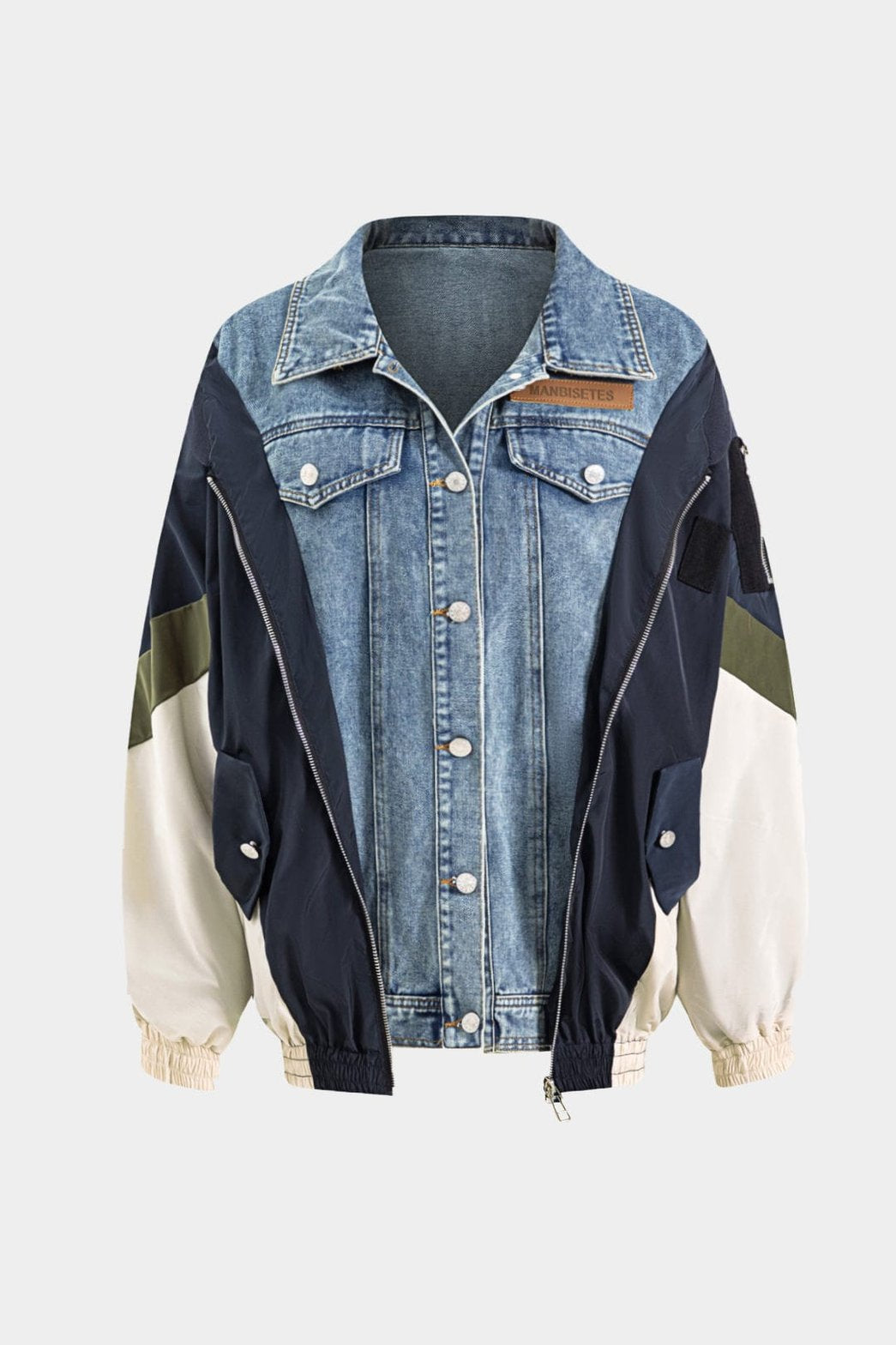 Manteau denim patchwork oversize vue avant soleil
