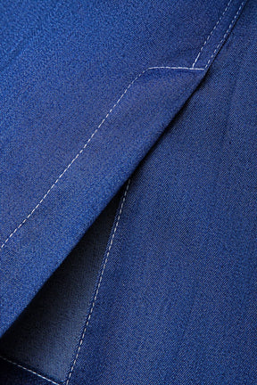 Manteau denim bleu ceinturé vue de dos lune
