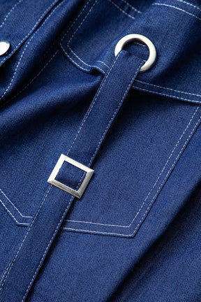 Manteau denim bleu ceinturé détail boutons vent