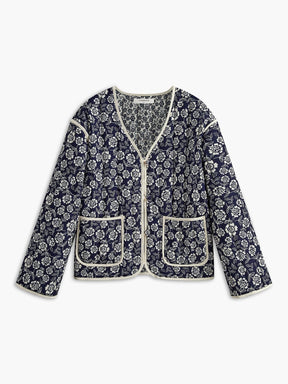 Manteau fleuri bleu marine avec bordures contrastées étoile