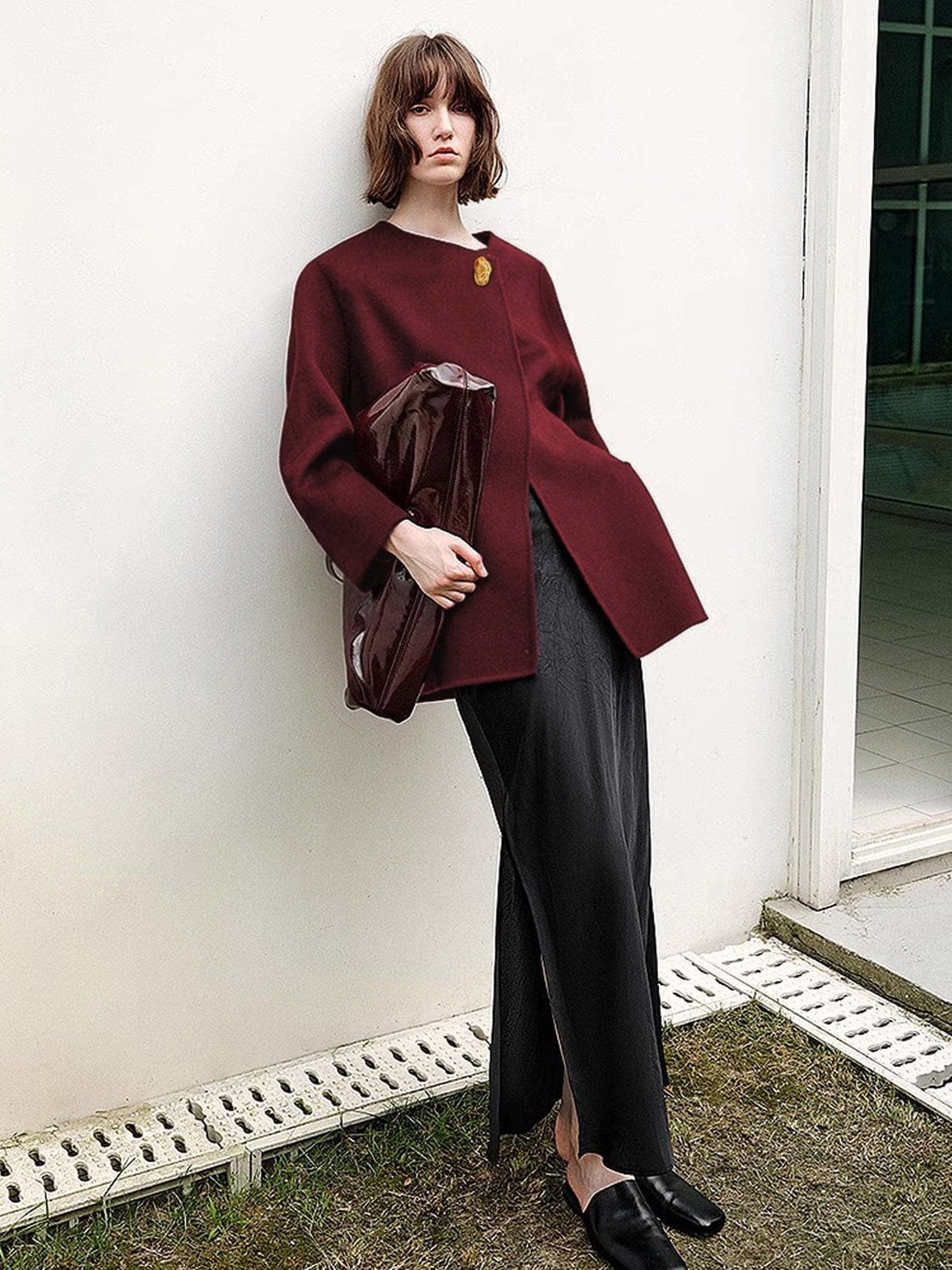 Manteau tweed bordeaux vue de face esprit