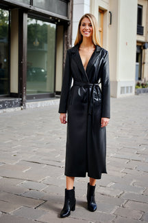 Manteau long similicuir noir ceinturé élégant harmonie