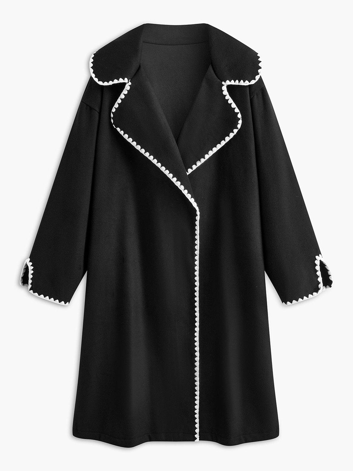Manteau tweed noir long avec bordures blanches élégantes douceur
