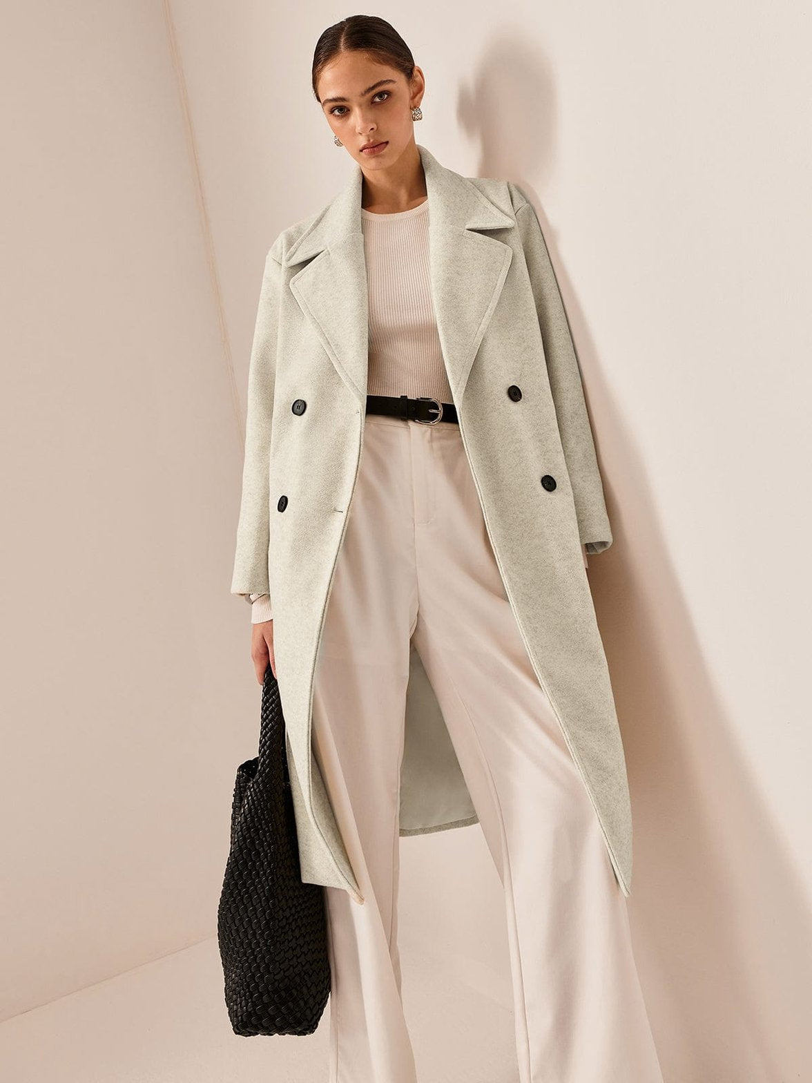 Manteau long tweed élégant beige lumière