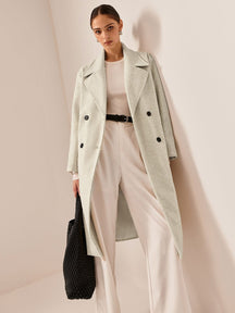 Manteau long tweed élégant beige lumière