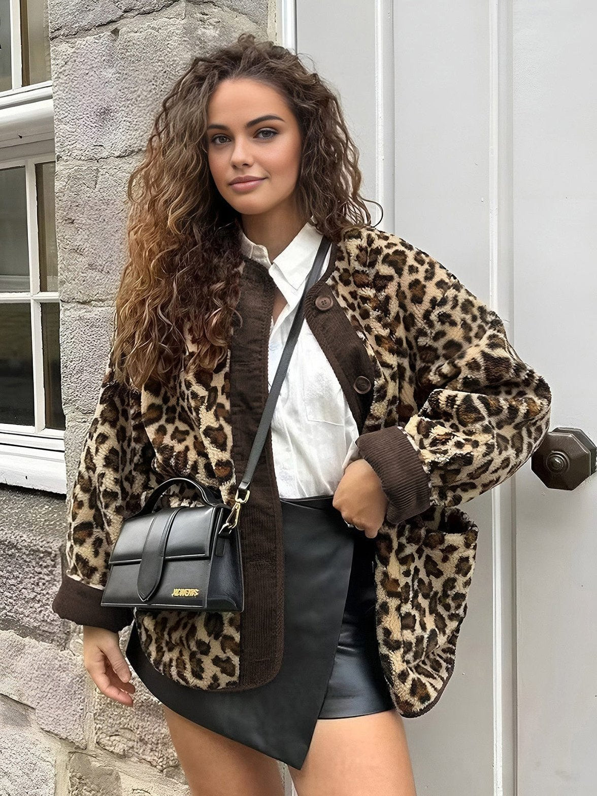 Manteau léopard oversize porté vue de face douceur