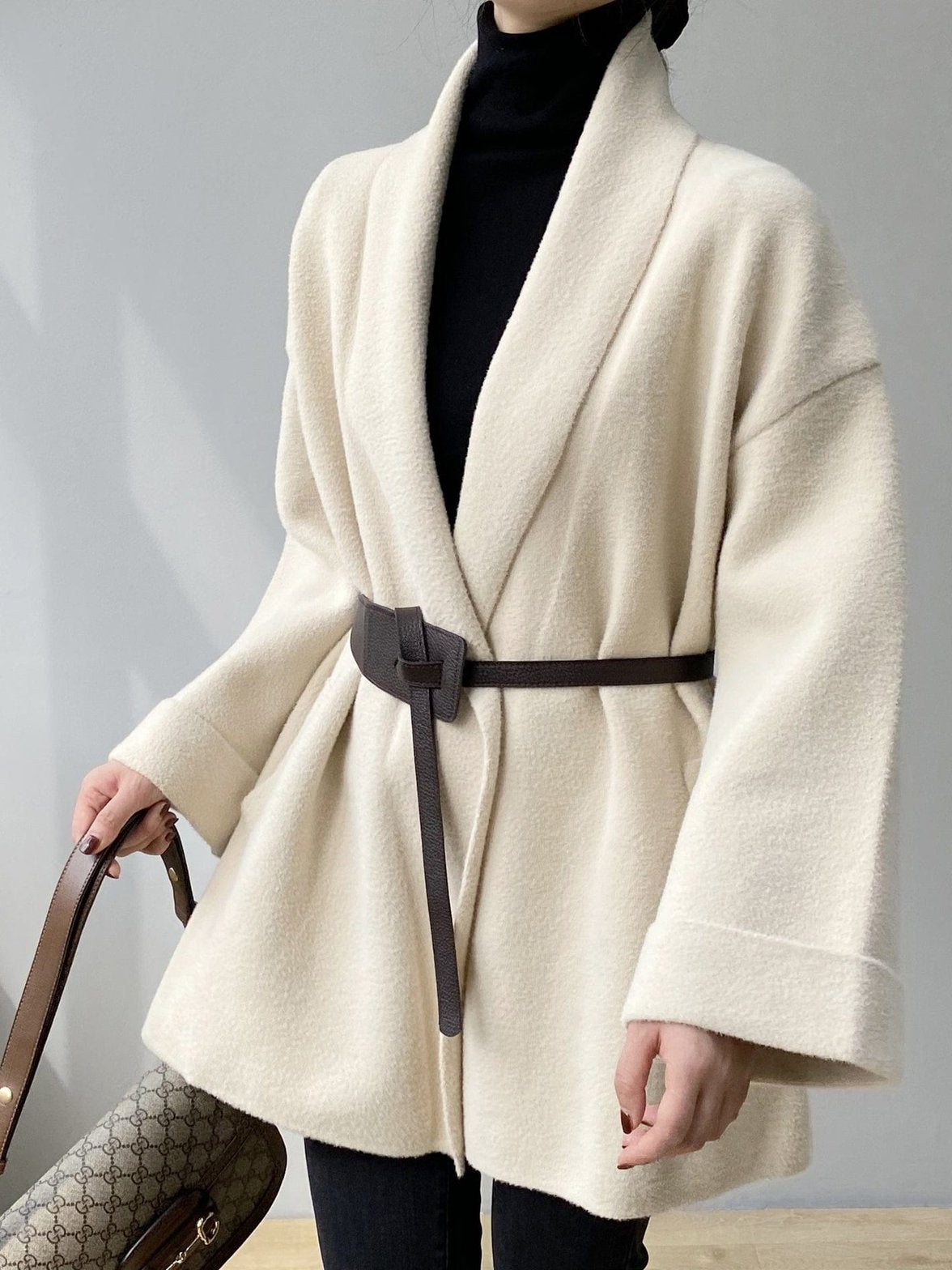 Manteau tweed blanc élégant avec écharpe intégrée - Étoile
