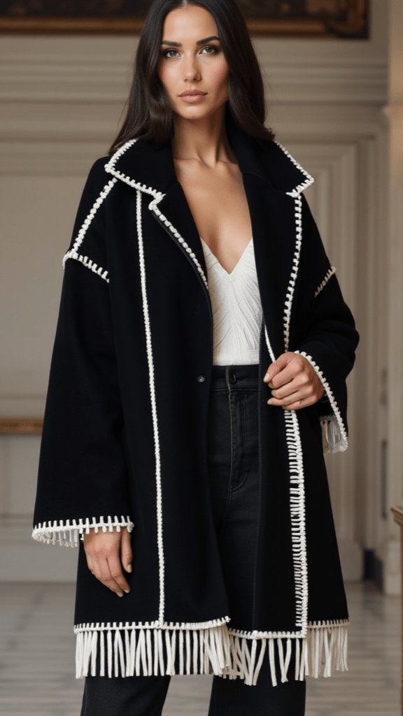 Manteau tweed noir et blanc élégant soleil