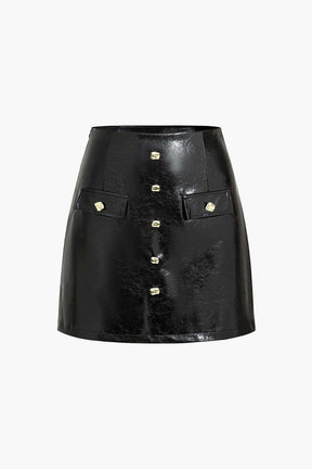 Mini-jupe noire simili cuir boutonnée élégante velours