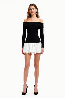 Mini robe bicolore élégante épaules dénudées velours