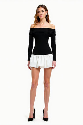 Mini robe bicolore élégante épaules dénudées velours