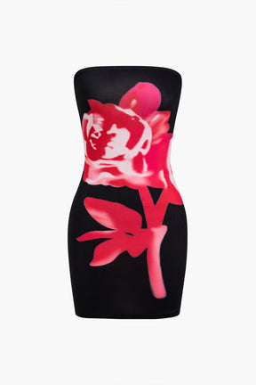 Robe bustier noire motif floral rose vif soleil