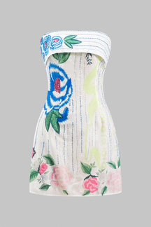 Robe bustier fleurie blanche et bleue soleil