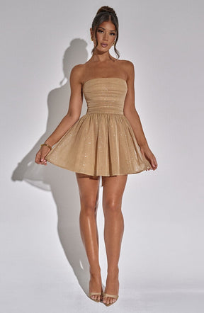 Robe cocktail dorée brillante cristal
