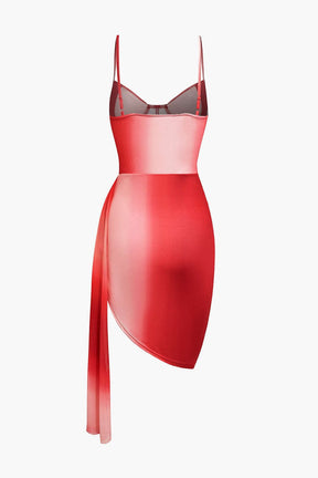 Mini robe froncée dégradée rouge soleil