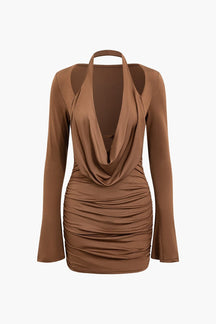 Robe drapée marron col bénitier élégante soleil