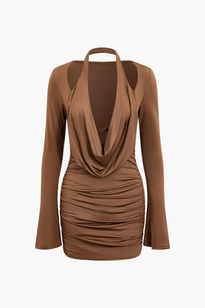 Robe drapée marron col bénitier élégante soleil