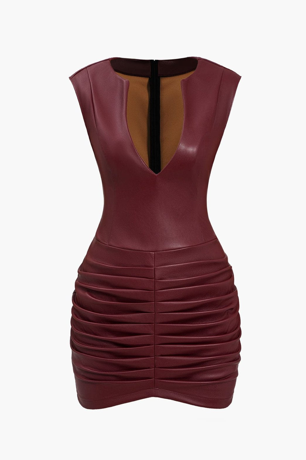Mini robe moulante bordeaux en simili cuir plissée glamour