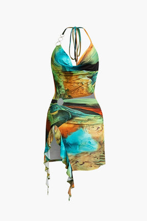 Vue latérale robe moulante motif abstrait cascade