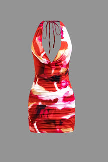 Mini robe tie-dye rouge moulante décolleté plongeant soleil