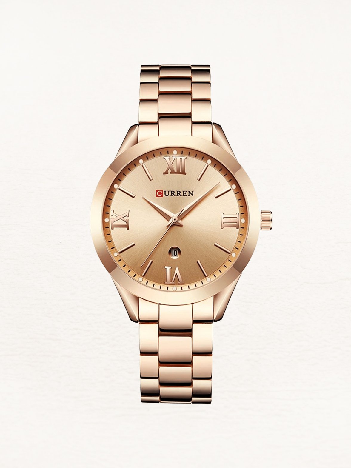 Montre femme or rose élégante avec chiffres romains étincelle