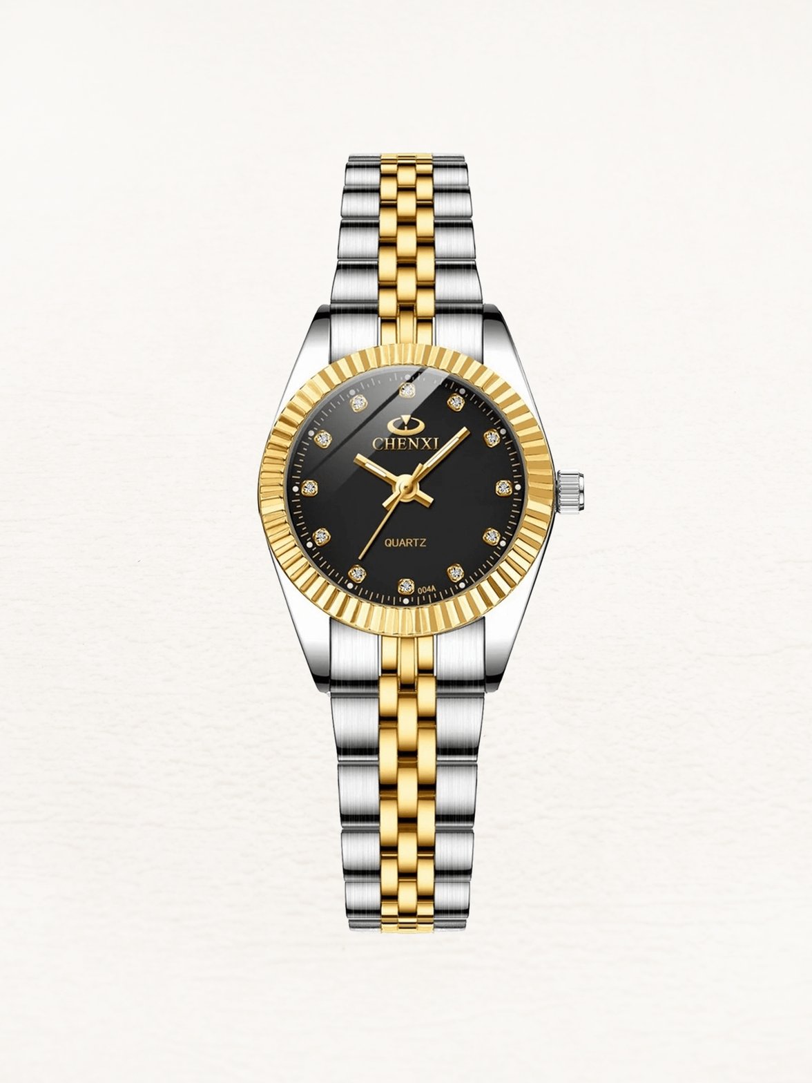 Montre élégante bicolore or-argent avec cadran noir étincelant papillon