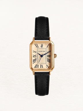 Montre élégante Florenza boîtier carré or bracelet cuir noir velours