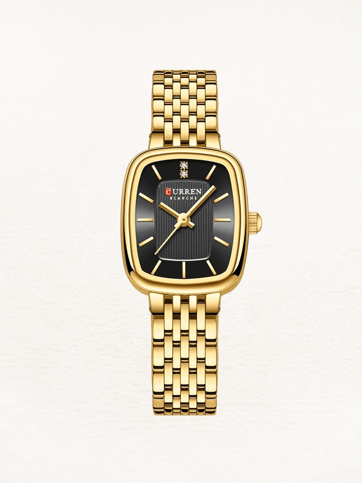 Montre rectangle dorée élégante sur fond blanc - Étoile