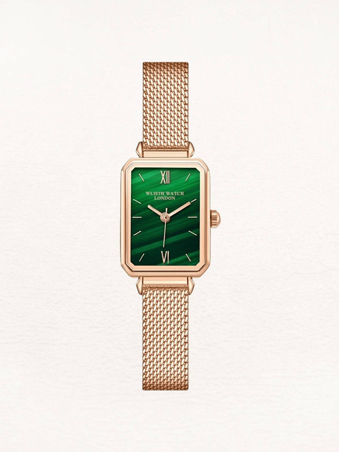 Montre rectangulaire or rose avec cadran vert émeraude harmonie