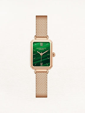 Montre rectangulaire or rose avec cadran vert émeraude harmonie
