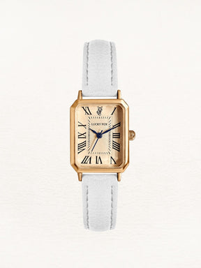 Montre carrée dorée avec bracelet blanc élégant brillant