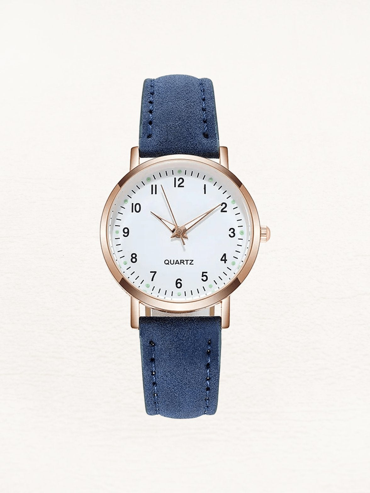 Montre élégante Valeria avec bracelet en cuir bleu et boîtier or rose papillon