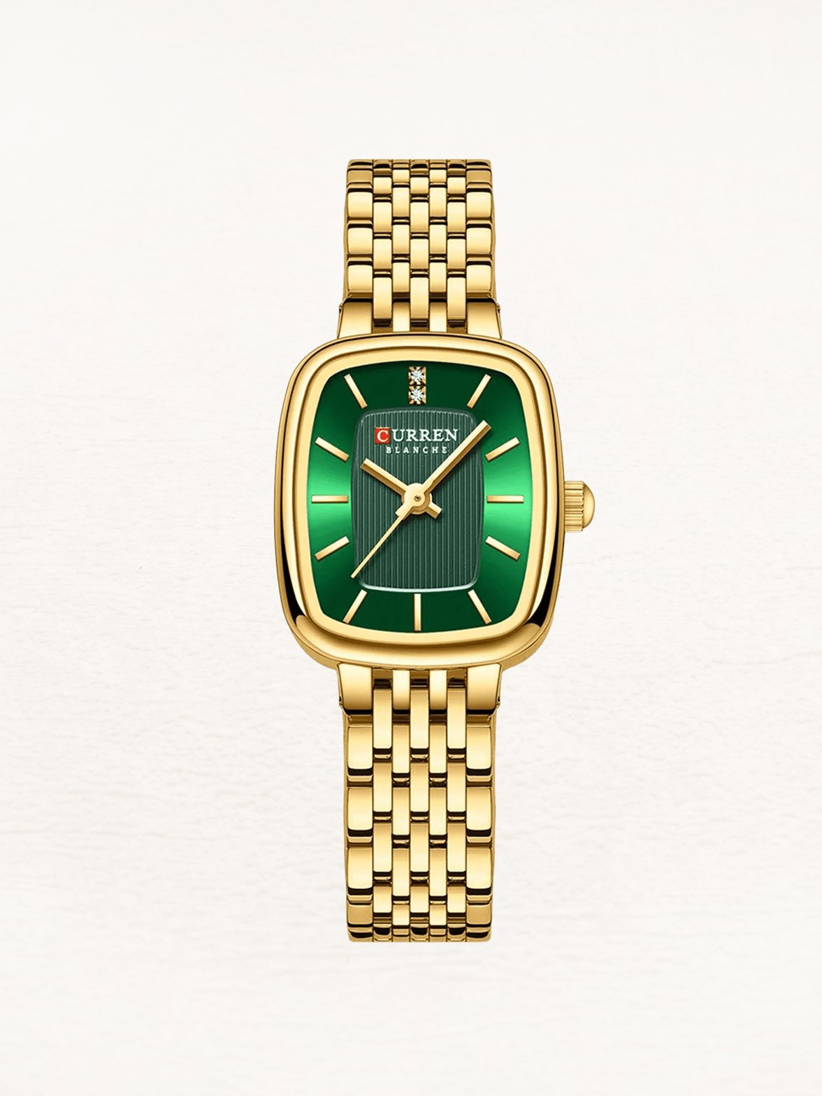 Montre rectangulaire dorée cadran vert émeraude soleil