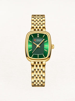 Montre rectangulaire dorée cadran vert émeraude soleil