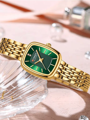 Montre rectangulaire dorée bracelet métallique perle