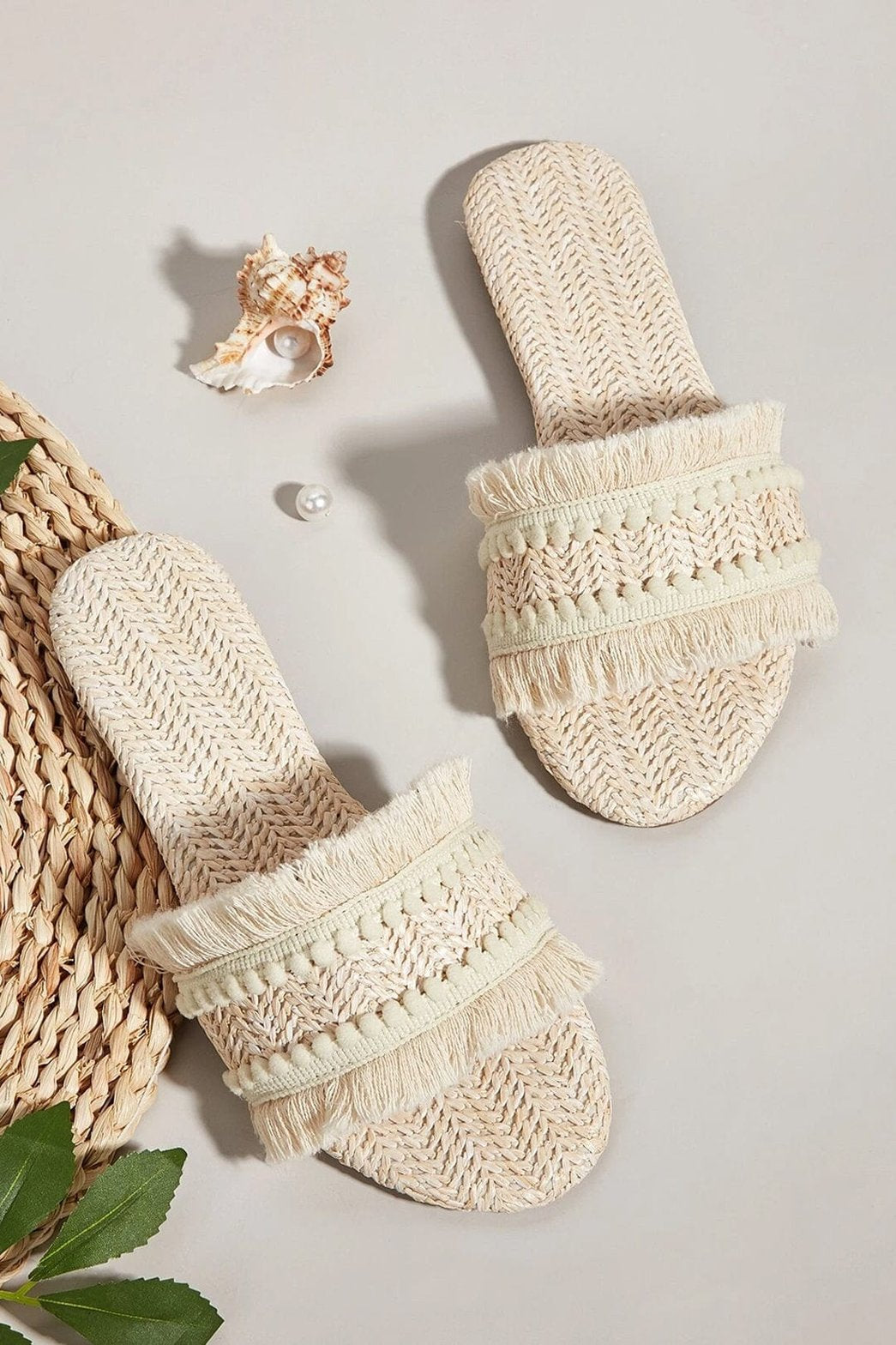 Mules bohèmes beiges à franges soleil
