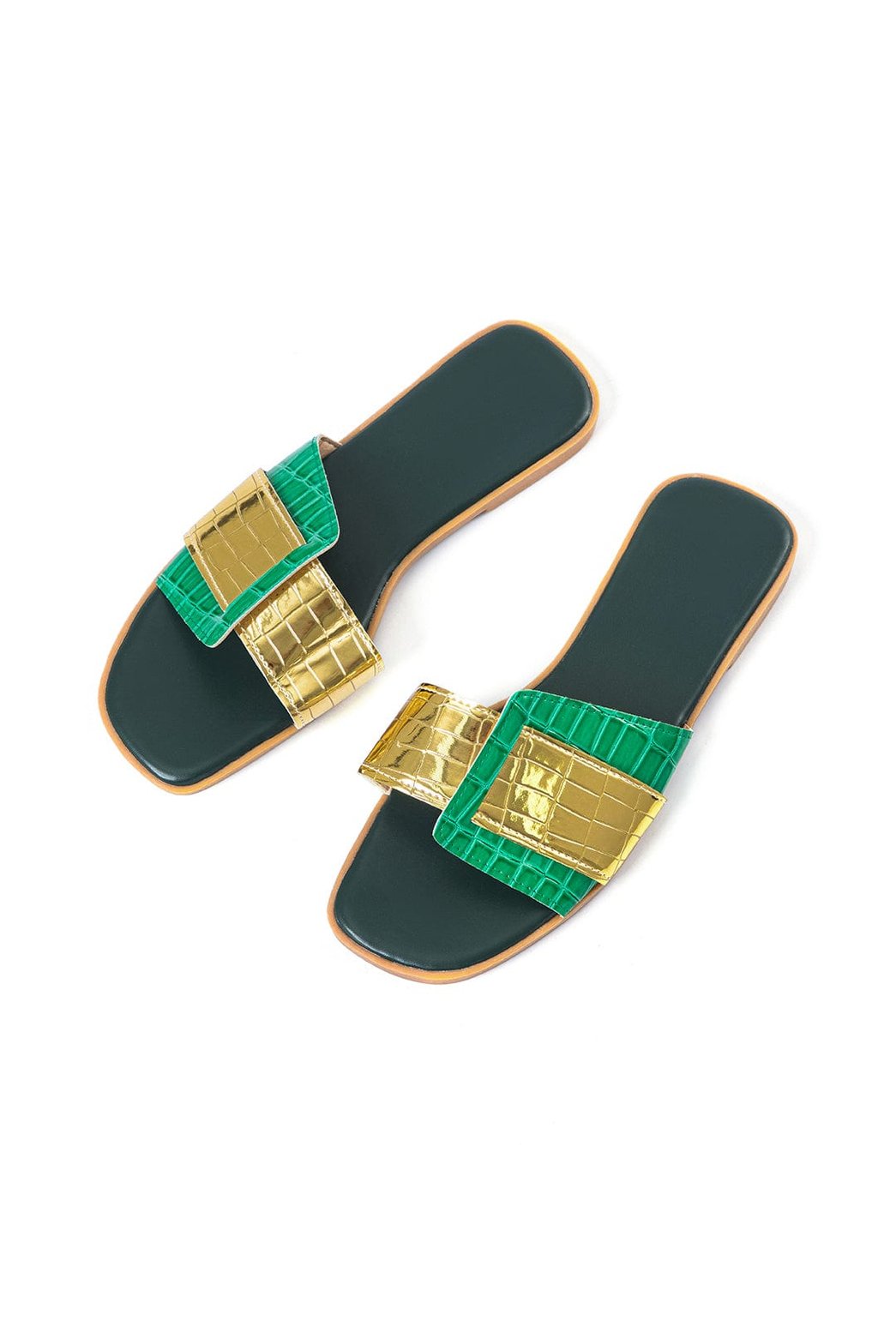 Mules plates bicolores or et vert émeraude soleil