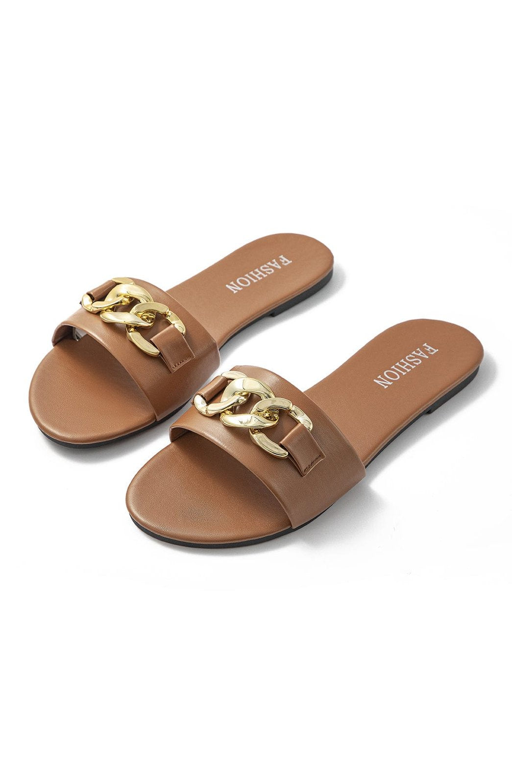 Mules plates marron avec chaîne dorée élégante soleil