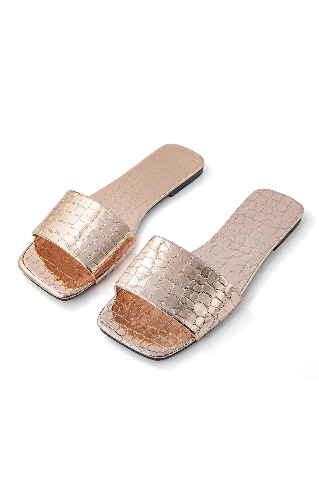 Mules plates dorées effet croco soleil